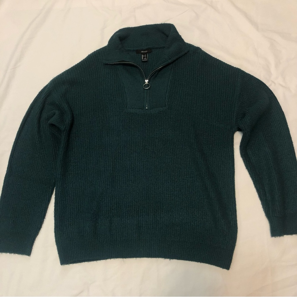 Forever 21 women’s size L Green Dark Teal Ribbed Quarter-Zip Sweater pullover